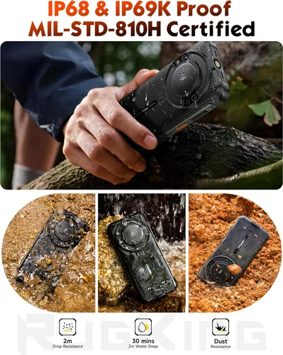 Vista 7 de Ulefone RugKing (16 GB+128 GB) Android 15 4G Smartphone, 9600 mAh, altavoz de 126 dB, cámara de 50MP+2MP+8MP teléfono resistente de 5.99 pulgadas