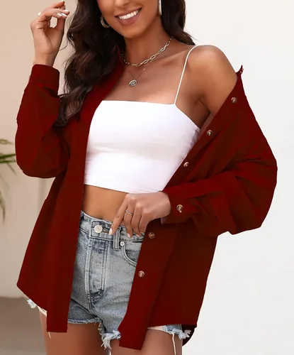 Vista 2 de KYLELOVE Camisas de manga larga con cuello abotonado para mujer, blusas casuales de gran tamaño con bolsillo