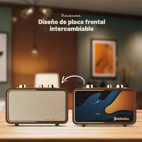 Vista 5 de Altavoz Bluetooth retro de madera, altavoz inalámbrico portátil vintage con placas frontales intercambiables, radio FM, subwoofer y dial giratorio