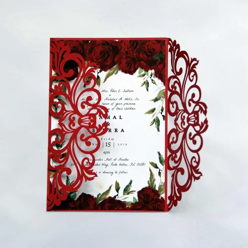 Vista 13 de 25 tarjetas de invitaciones de boda cortadas con láser de terracota con sobres, hojas interiores en blanco, cintas para boda, despedida de soltera