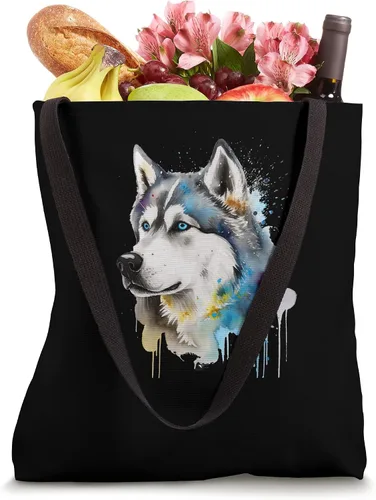 Vista 4 de Colorido acuarela splash huskies siberiano husky Tote Bag