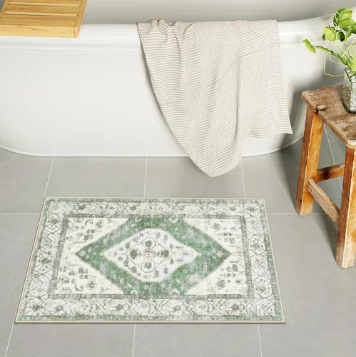 Vista 13 de Uphome Alfombra de Baño Azul Boho Desgastada Alfombra de Baño Oriental Suave de Pelo Largo Antideslizante Alfombra de Baño Lavable a Máquina Vintage
