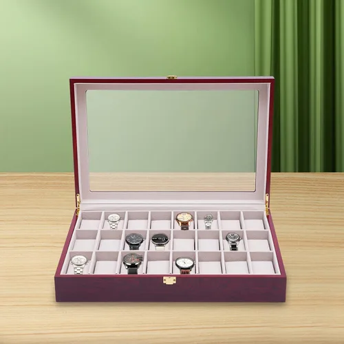 Vista 8 de Gdrasuya10 Caja organizadora de reloj de 24 ranuras para hombres, estuche retro con tapa de cristal, joyero para hombres y mujeres, soporte moderno