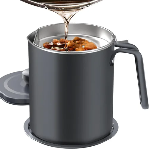 Vista 8 de Chihee Ahorro de grasa de tocino de acero inoxidable – Contenedor de aceite de 67.6 onzas líquidas con colador de malla fina y bandeja