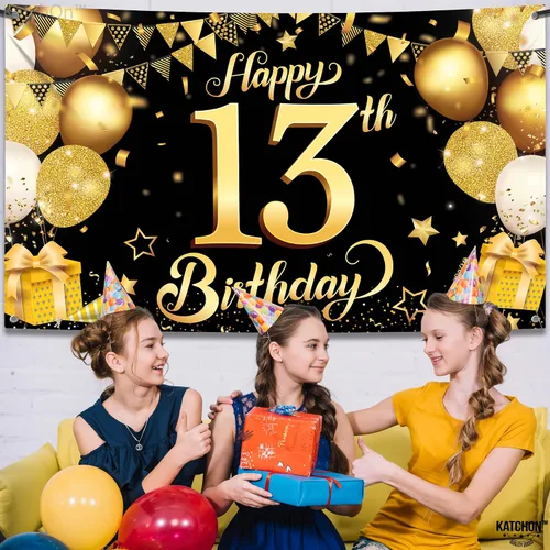 Vista 6 de KatchOn, Cartel de feliz cumpleaños número 13, negro y dorado, extragrande, 72 x 44 pulgadas, telón de fondo de feliz cumpleaños, pancarta de feliz