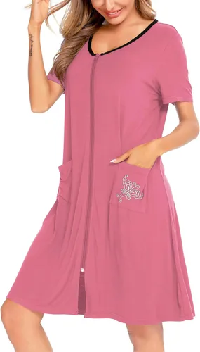 Vista 3 de SWOMOG Bata ligera con cremallera frontal para mujer, bata de baño ligera de manga corta con bolsillos