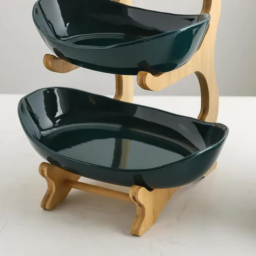 Vista 4 de Cesta de frutas de 3 niveles con soporte de bambú para encimera de cocina, cesta de frutas de cerámica de gran capacidad para almacenamiento