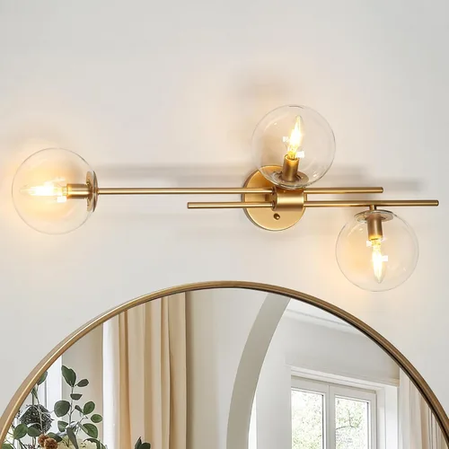 Vista 7 de KSANA Luminaria de Baño Estilo Granja, Lámpara de Tocador Moderna Negro Dorado de 3 Luces con Pantalla de Vidrio Transparente Abierta, Lámpara