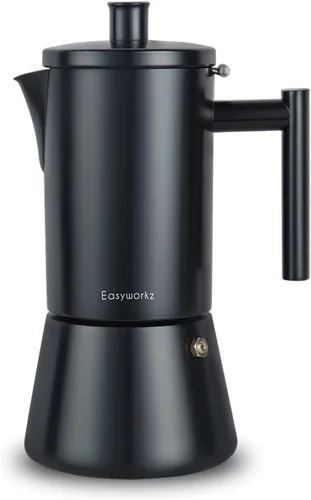 Vista 12 de Easyworkz Diego - Cafetera italiana de acero inoxidable, cafetera italiana, 4 tazas, 6.8 onzas, cafetera moka de inducción Negro