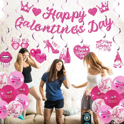 Vista 6 de Decoraciones de fiesta del día de Galentine Happy Galentine's Day - Cartel de feliz día de Galentine para colgar globos de fiesta del día de San