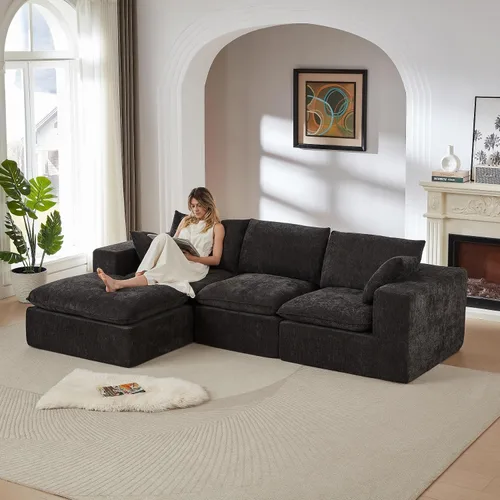 Vista 9 de Cloud - Sofá modular modular - Cómodo sofá de felpilla en forma de L para sala de estar (negro, en forma de L, 2 plazas + 1 otomana)