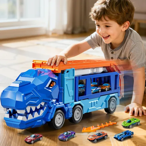Vista 4 de Juego de pistas de camiones para niños de 3, 4, 5, 6 años, camión de dinosaurio, pista de carreras con 12 juguetes de autos de carreras fundidos a