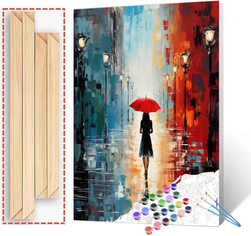Vista 9 de Kits de pintura romántica por números para parejas con pinceles y pigmento acrílico sobre lienzo para adultos, niños y niñas bajo un paraguas