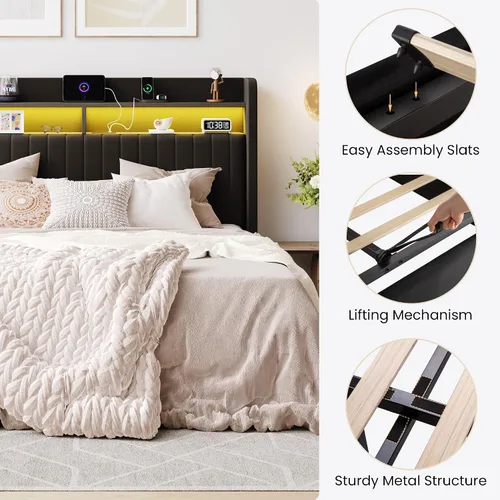 Vista 6 de SHA CERLIN - Estructura de cama de tamaño matrimonial con almacenamiento elevado/Luces LED/Estación de carga/Cabecero con estantes de 2 niveles/USB