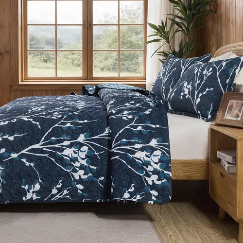 Vista 2 de Andency - Juego de edredón tamaño Queen en color azul marino (96 x 90 pulgadas), 3 piezas de colcha ligera con diseño floral, edredón reversible