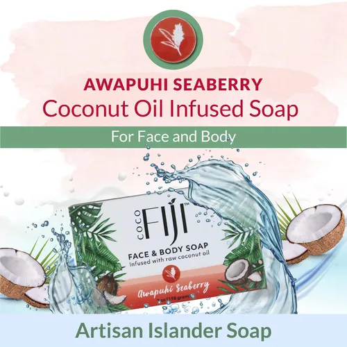 Vista 4 de Barra de jabón Coco Fiji para cara y cuerpo infundida con aceite de coco orgánico, Awapuhi Seaberry, aceite esencial, jabón natural para hidratar