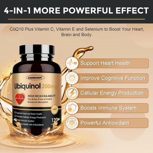 Vista 3 de ZEBORA Ubiquinol CoQ10 - Cápsulas blandas de 200 mg, potente antioxidante 4 en 1 para la salud cardíaca y vascular, esencial para la producción