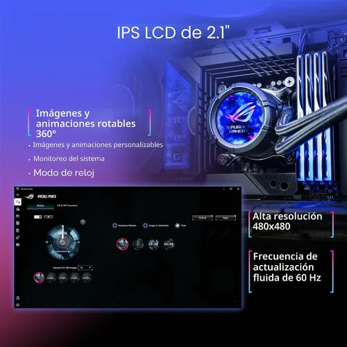 Vista 2 de ASUS Enfriador líquido ROG Strix LC III 360 ARGB LCD todo en uno para CPU - Intel® LGA 1700, 1200, 115X - AMD Socket AM4, AM5 - con LCD IPS de 2.1