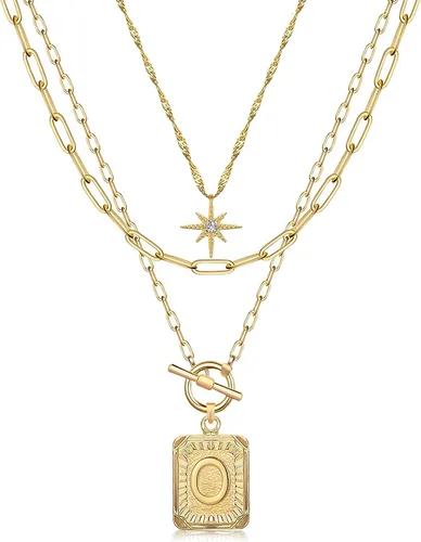 Vista 32 de MJartoria Collares con iniciales en capas para mujer, modernos, chapados en oro de 14 quilates, cadena de papel, collar sencillo con dije de Dorado