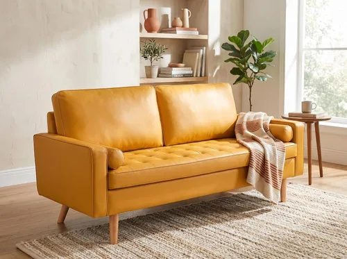 Vista 4 de Container Furniture - Sofá de piel sintética para la sala de estar moderna con cojines extraíbles y patas de madera maciza, sofá estilo lujoso