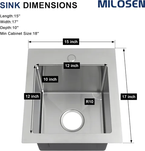 Vista 6 de MILOSEN Fregadero de barra de 15 x 17 pulgadas, fregadero de acero inoxidable T304, fregaderos de cocina pequeños con accesorios personalizados