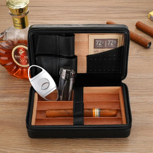 Vista 6 de Humidor de Puros Portátil, Estuche de Puros de Madera de Cedro y Cuero con Encendedor y Cortapuros, Negro