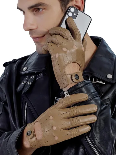 Vista 10 de GSG Guantes de cuero genuino para hombre de piel de oveja negros para conducir en bicicleta con pantalla táctil, guantes de motocicleta sin forro