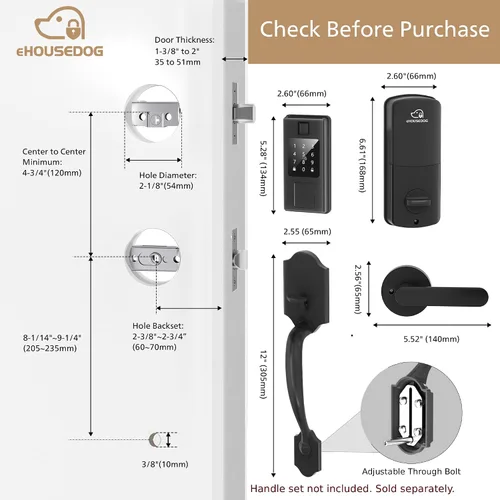 Vista 9 de EHD-SF01, cerradura inteligente de huellas dactilares, cerradura de puerta de entrada sin llave, cerradura de teclado con pantalla táctil, cerradura