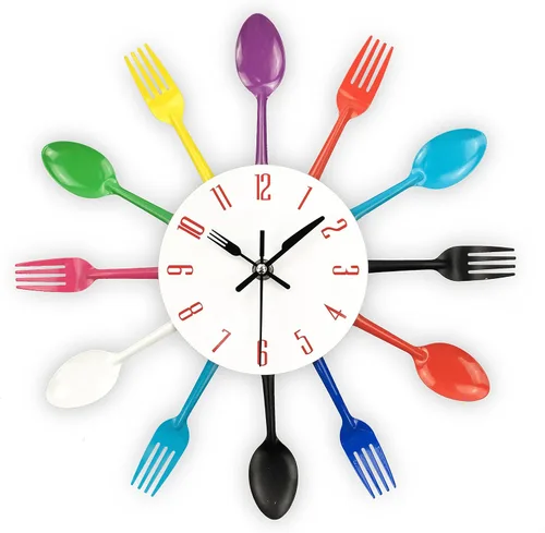 Vista 12 de Reloj de pared de cocina Timelike, reloj de cocina de cubertería 3D extraíble moderno creativo, cuchara y tenedor, reloj de pared con espejo Negro
