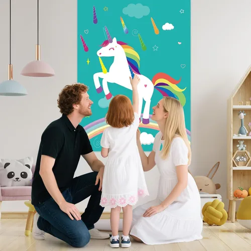 Vista 7 de PLULON Pin The Horn On The Unicorn para juegos de fiesta de cumpleaños infantiles, suministros de fiesta de unicornio, regalos de decoración