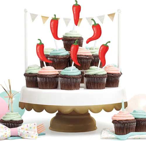 Vista 6 de Decoración tradicional para cupcakes de chile con purpurina roja, 18 piezas, decoración temática de comida mexicana, suministros de decoración