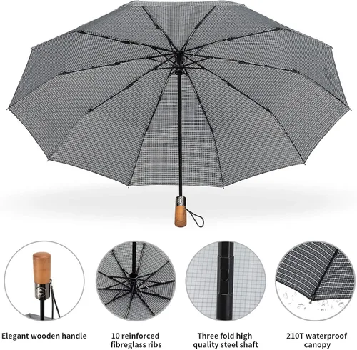 Vista 4 de HOMILOOP Sombrilla de viaje de negocios 10 costillas sombrilla plegable compacta con material resistente al viento apertura automática compatible