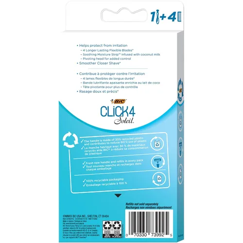Vista 3 de BIC Soleil Bella Click - Maquinilla de afeitar desechable de 4 hojas para mujer, 1 mango y 4 cartuchos