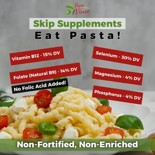 Vista 2 de Papa Vince Pasta orgánica de trigo integral - No enriquecida, sin blanquear hecha de granos antiguos durum y timilia cultivados en Sicilia, Italia.