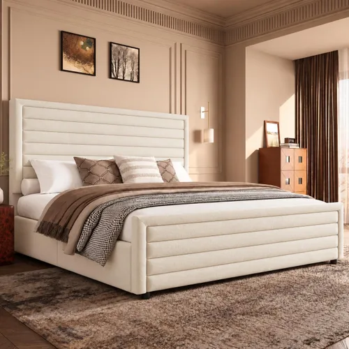 Vista 13 de REVOMINCA Armazón de cama tamaño completo (Full Size), plataforma tapizada con cabecera y pie de cama de terciopelo, base de colchón con listones