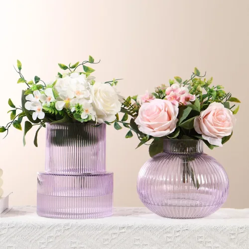 Vista 51 de Jarrones de vidrio acanalado, juego de 2 jarrones estriados para flores, florero de vidrio ámbar para tulipanes, jarrón moderno para sala de estar