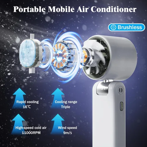 Vista 2 de Ventilador de mano portátil turbo para viajes, mini ventiladores recargables personales, placa de enfriamiento de hielo extremo, pantalla LED, 1-100