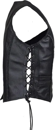 Vista 4 de Chaleco de cuero negro para mujer con trenza en cordones laterales delanteros y traseros