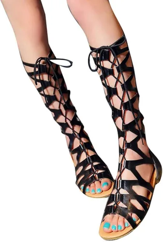 Vista 4 de Aniywn Sandalias para mujer, sandalias de gladiador altas hasta el muslo, sandalias planas con cordones y puntera abierta, sandalias con tiras hasta