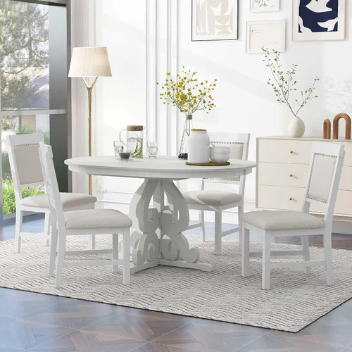 Vista 2 de Juego de mesa de comedor extensible de 5 piezas, juego de comedor funcional retro con 1 mesa extensible con una hoja de 16 pulgadas y 4 sillas