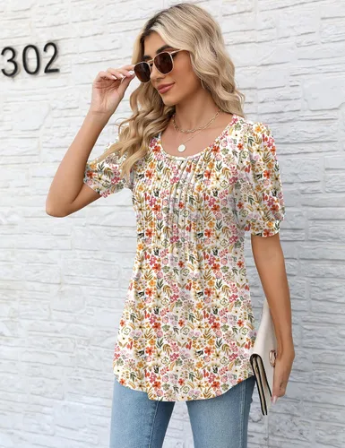 Vista 3 de LOMON Blusa de manga larga y corta para mujer, plisada, cuello redondo, estilo casual, holgada, para otoño