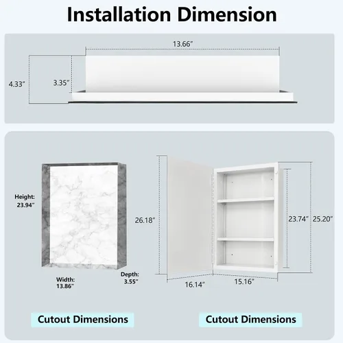 Vista 2 de Botiquín de baño de 16 x 26 pulgadas con espejo, espejo biselado rectangular sin marco, instalación de empotrar o montaje en superficie
