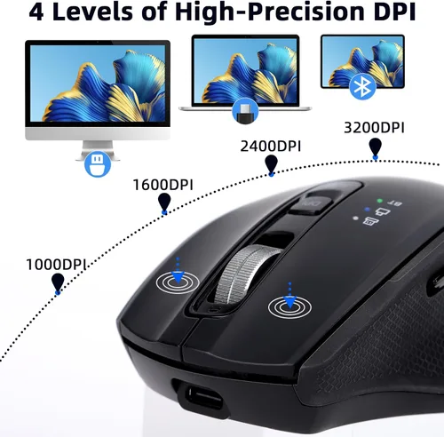 Vista 3 de Mouse inalámbrico Bluetooth con USB-A, receptor USB-C, recargable, 3 dispositivos, tamaño completo, clic silencioso, mouse ergonómico para Negro
