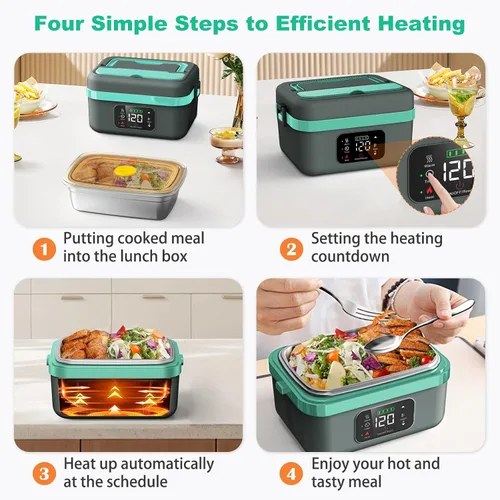 Vista 5 de EDCERATY - Fiambrera eléctrica para adultos, calentador de alimentos autocalentable recargable de 60 W con recipiente de acero inoxidable de 1