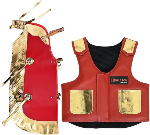 Vista 10 de HILASON Chaleco protector de cuero para equitación de toro juvenil, Chaparreras cortas para montar en toro negro con púrpura Chaparreras