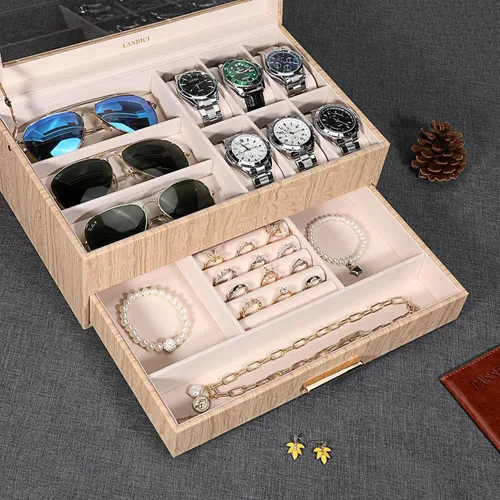 Vista 2 de LANDICI Caja de reloj para hombres y mujeres, 2 capas de piel sintética, organizador de relojes, caja de almacenamiento grande, caja de joyería