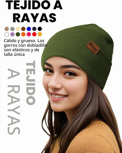 Vista 5 de Gorro de punto para hombre y mujer, gorro de invierno de punto, gorro de calavera, gorro de nieve a rayas, gorro térmico con puños 2p-negro+verde