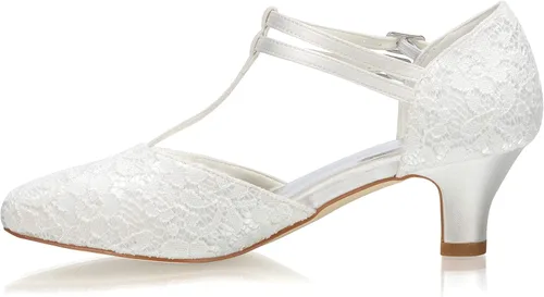 Vista 3 de JIAJIA 00968 - Zapatos de novia para mujer, puntera cerrada, correa en T, bloque de 1.9 pulgadas, tacón bajo, zapatos de satén de encaje para boda