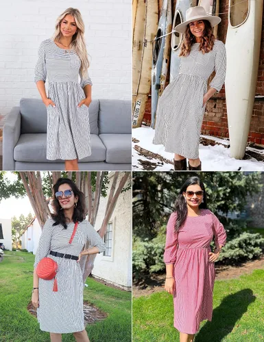 Vista 6 de Merokeety Vestido tipo camiseta, para mujer, diseño a rayas con manga globo 34, cintura alta, largo por debajo de la rodilla y bolsillos