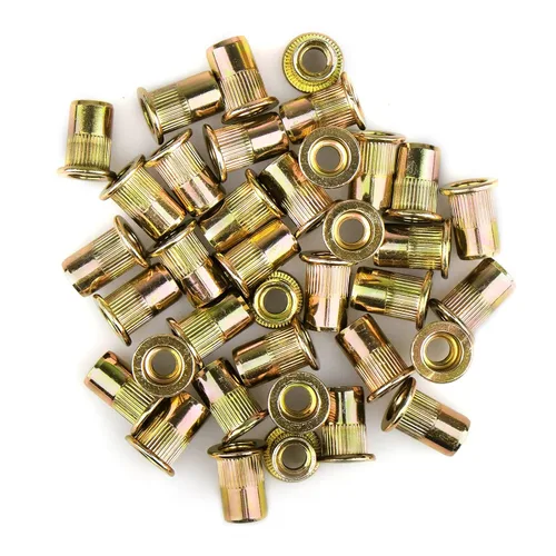 Vista 5 de Tuercas de remache de 3/8 "-16 tuercas remachables de acero al carbono roscadas para metal 3/8-16UNC tuercas cuerpo moleteado de cabeza plana, 50